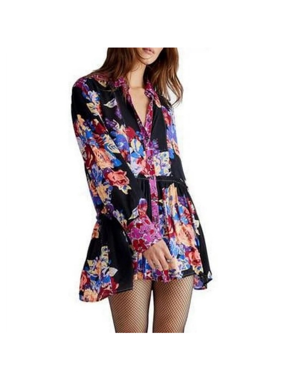 Free People Black Floral Long-Sleeve Mini Dress with Multicolor Print